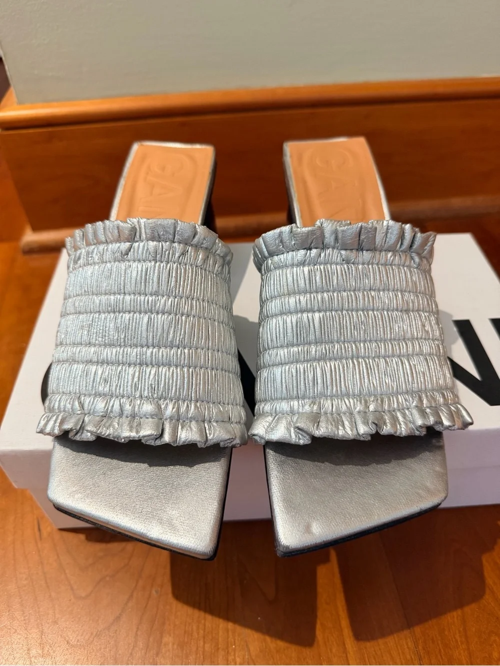 Ganni Silver Ruched Mule Slides with Block Heel